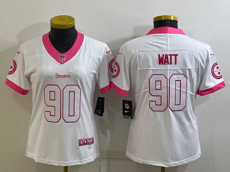 Womens Pittsburgh Steelers #90 TJ Watt White Pink Vapor Untouchaable Limited Stitched Jersey->women nfl jersey->Women Jersey